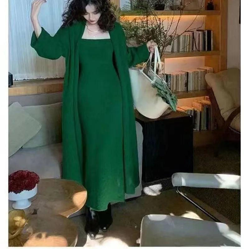 Women's grey knitted cardigan and dress sweater suit set showing both pieces laid flat.
