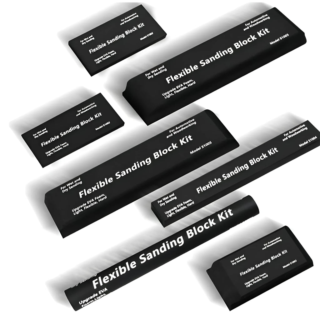 Set of seven black frosted EVA blocks with metal caps arranged together