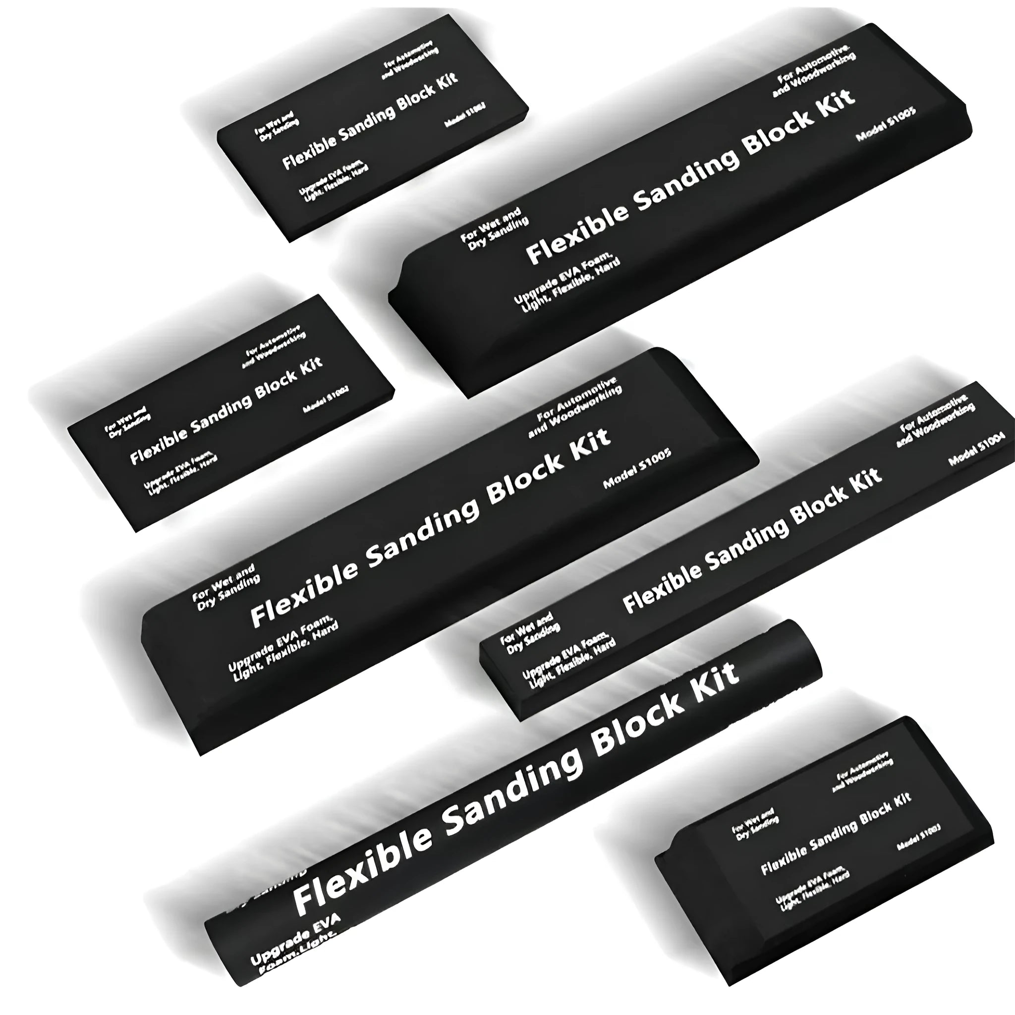 Set of seven black frosted EVA blocks with metal caps arranged together