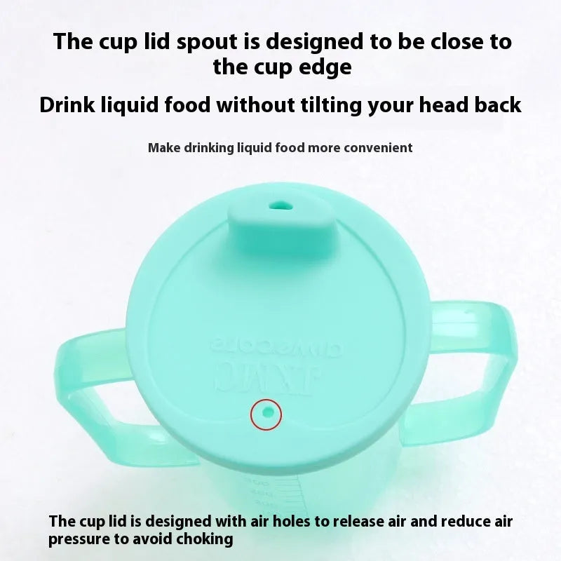 Oblique angled choke-proof drinking cup for elderly bed care with handle and optional wrist splint