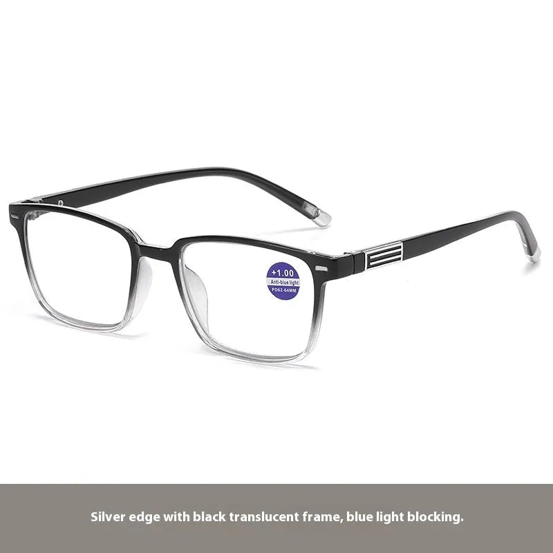Multifocal reading glasses with color changing PC lens and black frame available in multiple degrees