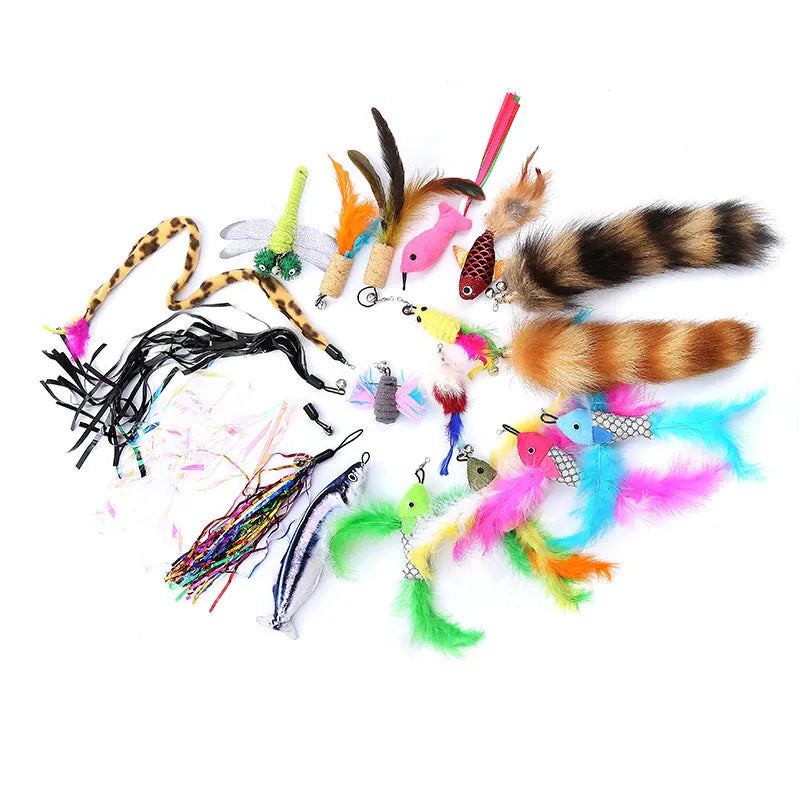 Cat teaser fishing rod with feather attachments and replacement heads
