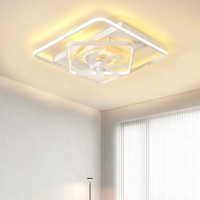 Modern ceiling fan light with three plastic blades and acrylic lampshade measuring 1100x700mm