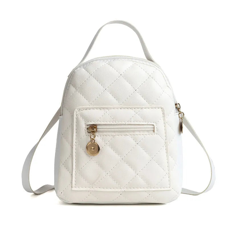Hard square white girls backpack with embroidered Korean style design, showing soft carry handle and dimensions.