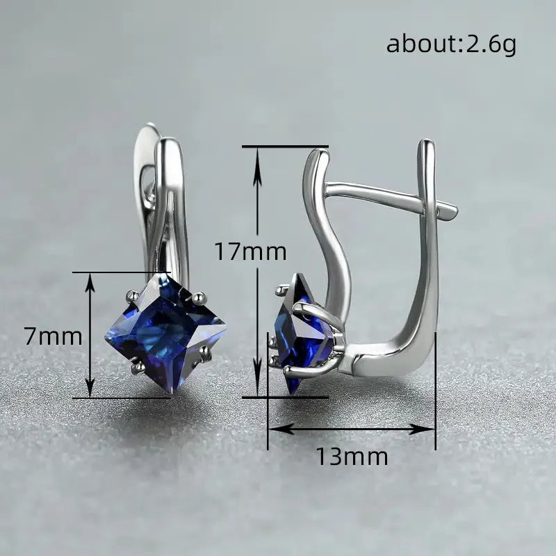 Women's copper earrings with diamond design featuring zircon inlaid stones in blue, colour, and green options