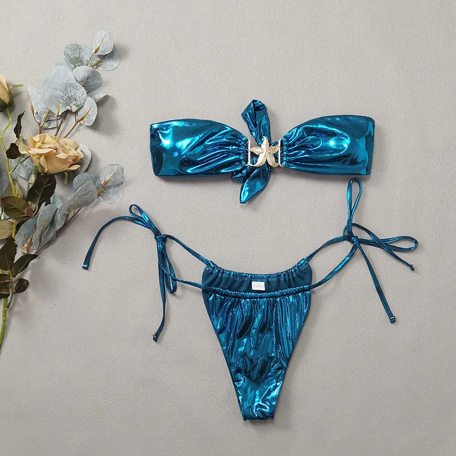 Women's glossy tube top bikini set with gold starfish design in sapphire blue