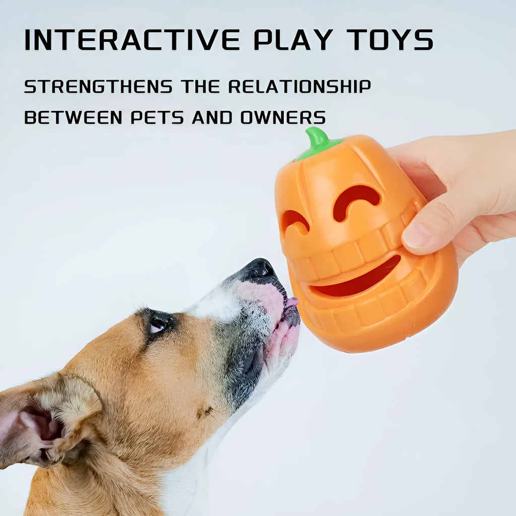 Orange Halloween pumpkin shaped dog chew toy with a treat-dispensing funnel opening.