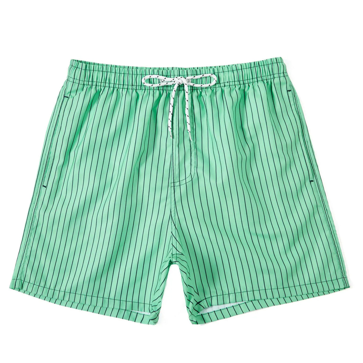 Man or woman wearing striped polyester shorts in navy blue, straight leg style, for beachwear.
