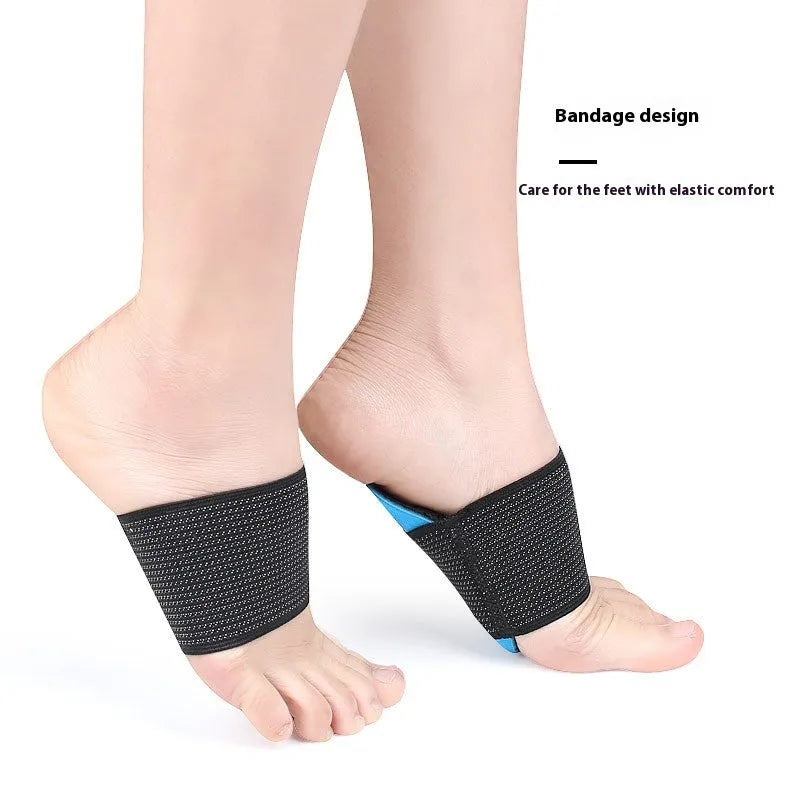 Blue elastic arch support foot pad for flat feet, shown in adult and children sizes