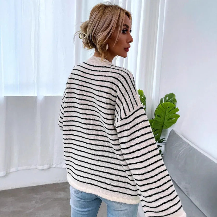 Black women's loose casual striped top with contrast colour stripes and drop-shoulder sleeves