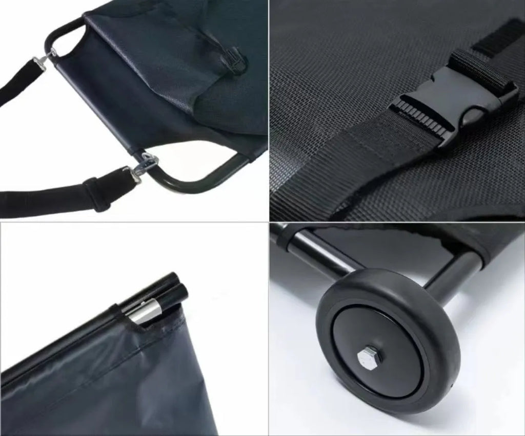 Large black aluminium alloy pet stretcher in folded configuration for emergency dog transport