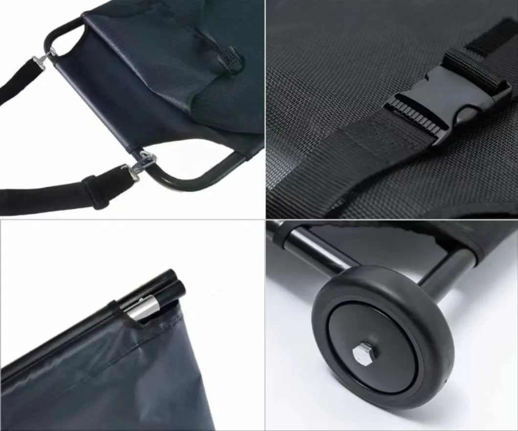 Large black aluminium alloy pet stretcher in folded configuration for emergency dog transport