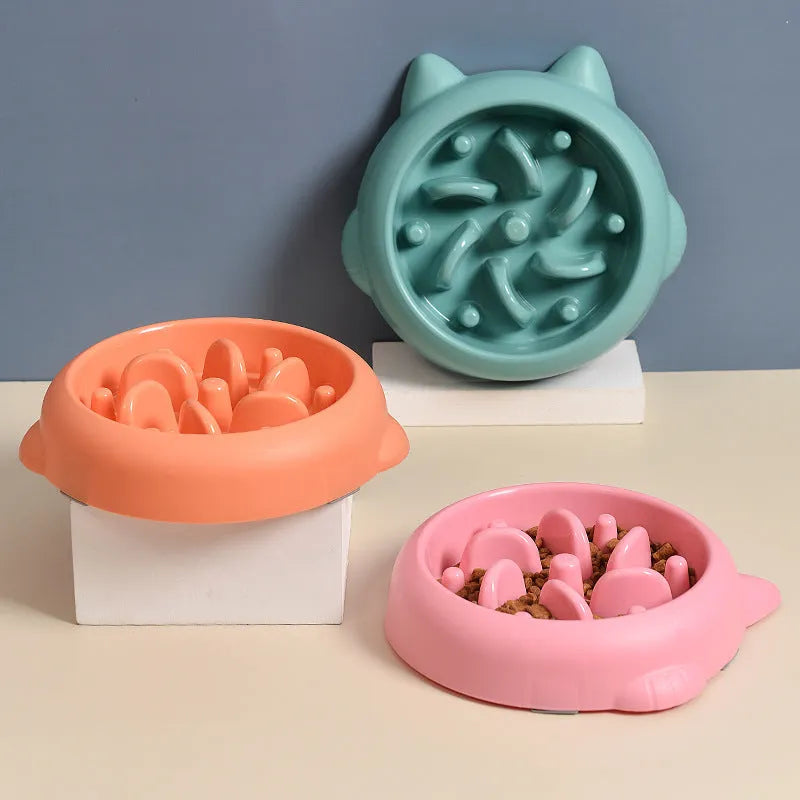 PP plastic dog slow feeder bowl with ridges and obstacles in green pink orange colours
