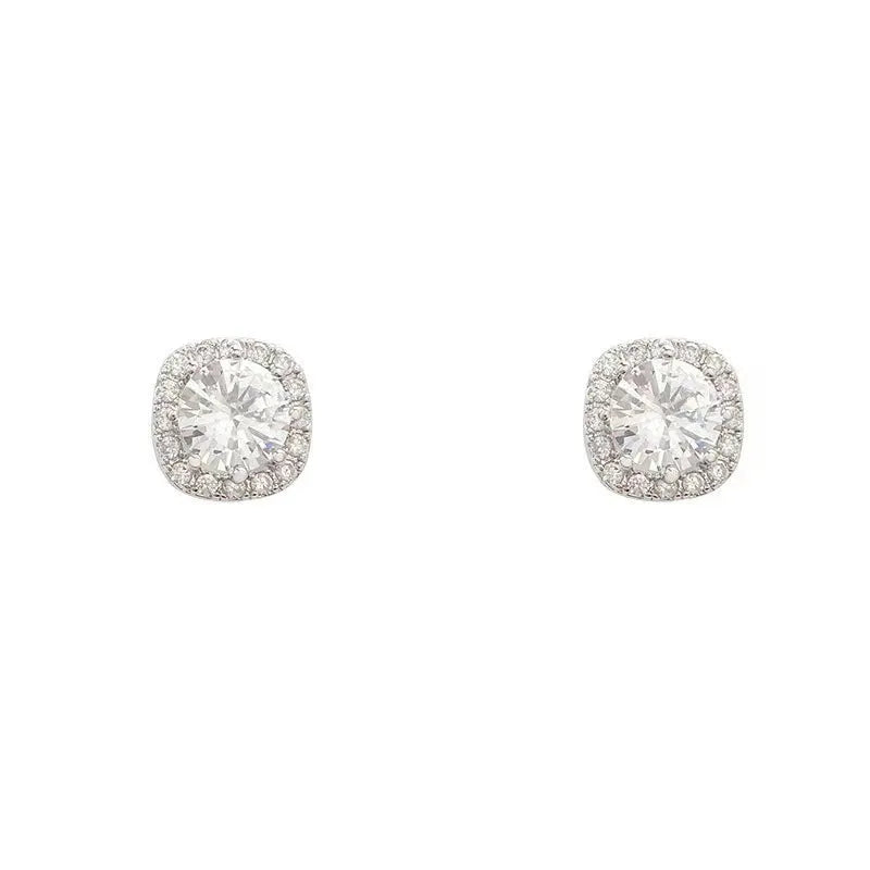 Square geometric earrings with diamond treatment in gold and silver alloy options