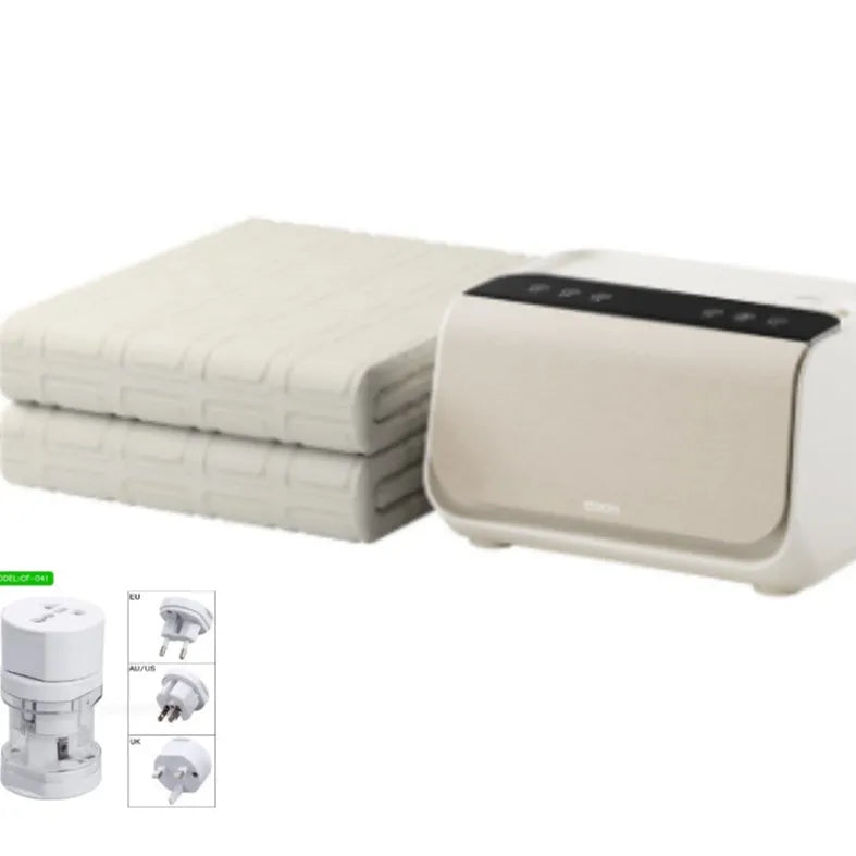 Aideng white plush electric water blanket for beds, shown with smart host controller, in 1.4m or 1.8m width options.