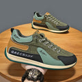 Men's grey and green mesh running shoes with round toe and lace-up closure shown in sizes 39-44