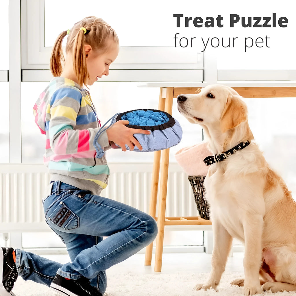 Blue adjustable fabric snuffle mat for dogs with hidden treat pockets.
