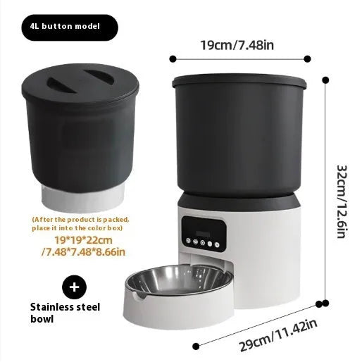 White 4-litre smart pet feeder with LED display, Wi-Fi antenna, and a stainless steel bowl on the floor.