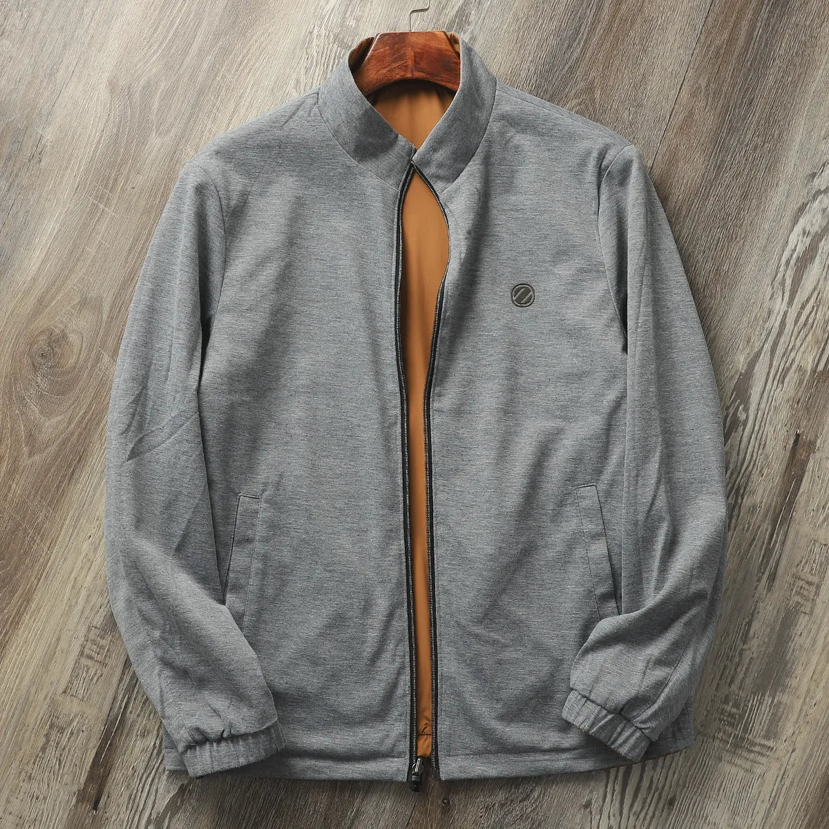Men's stand collar casual jacket in Army Green colour, shown on a model.