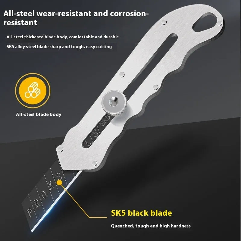 Stainless steel folding art knife with black blade and a pack of long and trapezoidal blades.