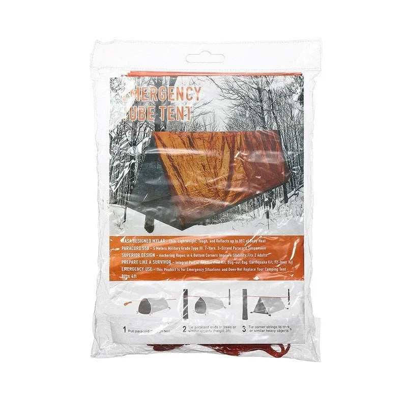 Orange four-season disaster relief tent kit with sleeping bag and raincoat for emergency outdoor shelter