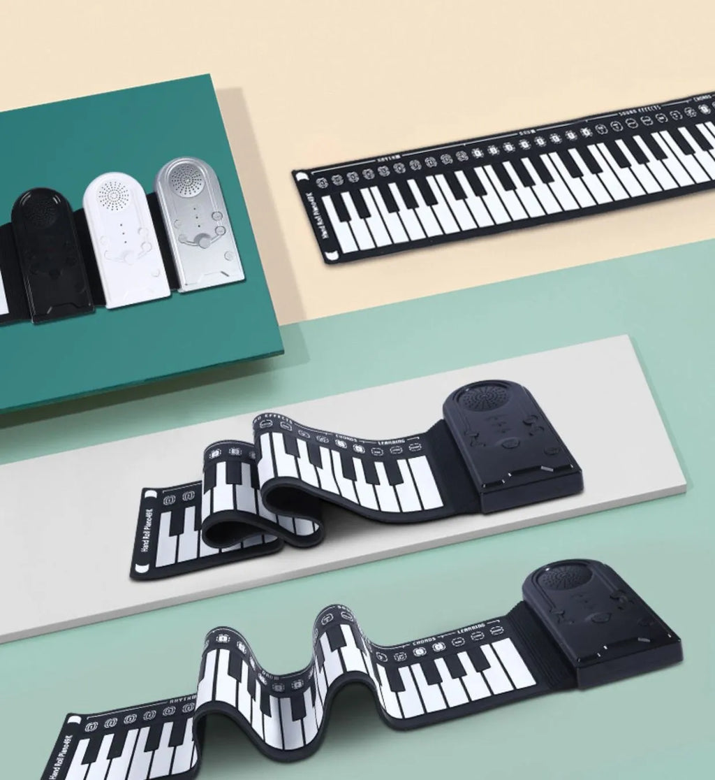 49 key portable folding electronic keyboard in gloss black colour showing compact folded size and included accessories
