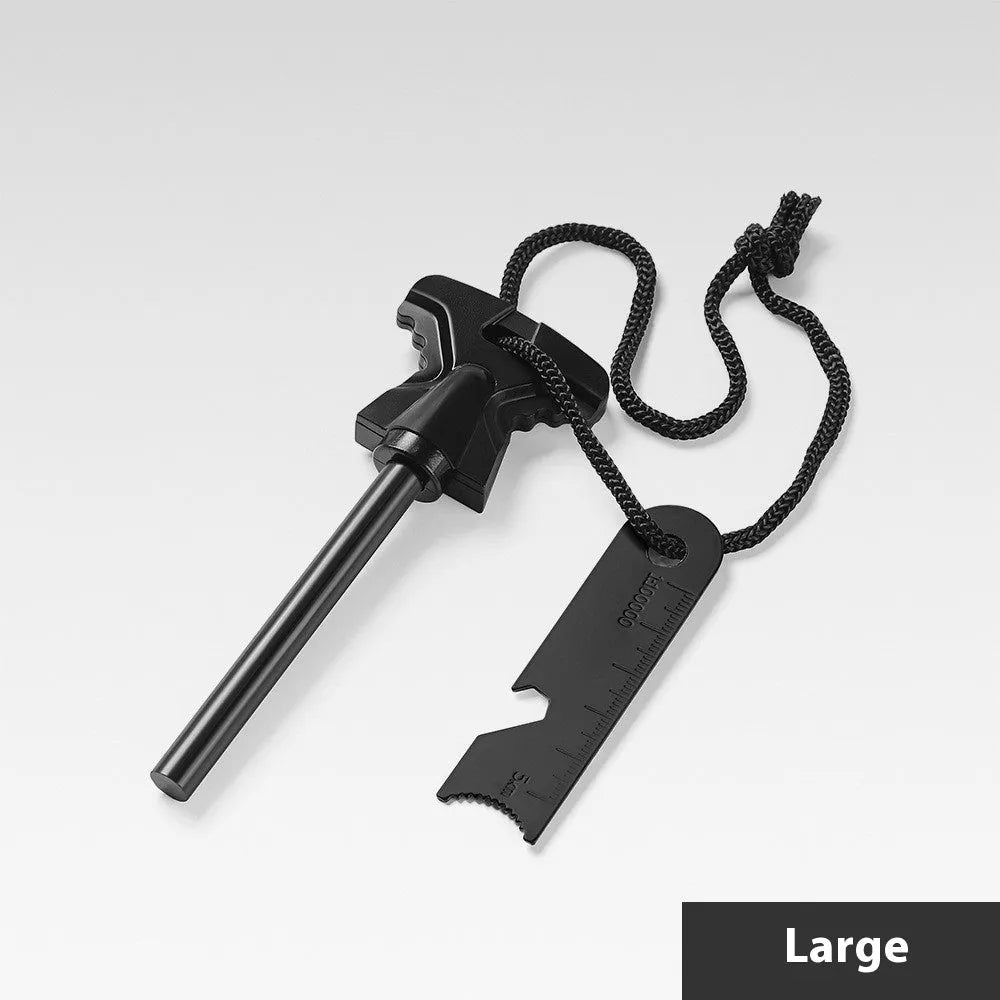 Butterfly-shaped stainless steel fire starter tool with ferrocerium rod and integrated bottle opener.