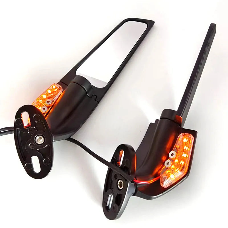 Pair of aluminium alloy motorcycle rearview mirrors with integrated yellow running lights and convex glass lenses.