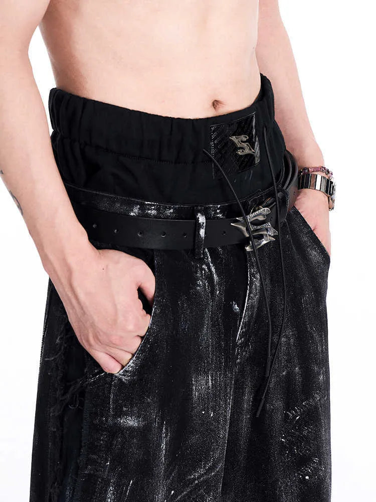 Black men's leather belt with two-layer cowhide construction and metal letter detail, showing length of 110cm.