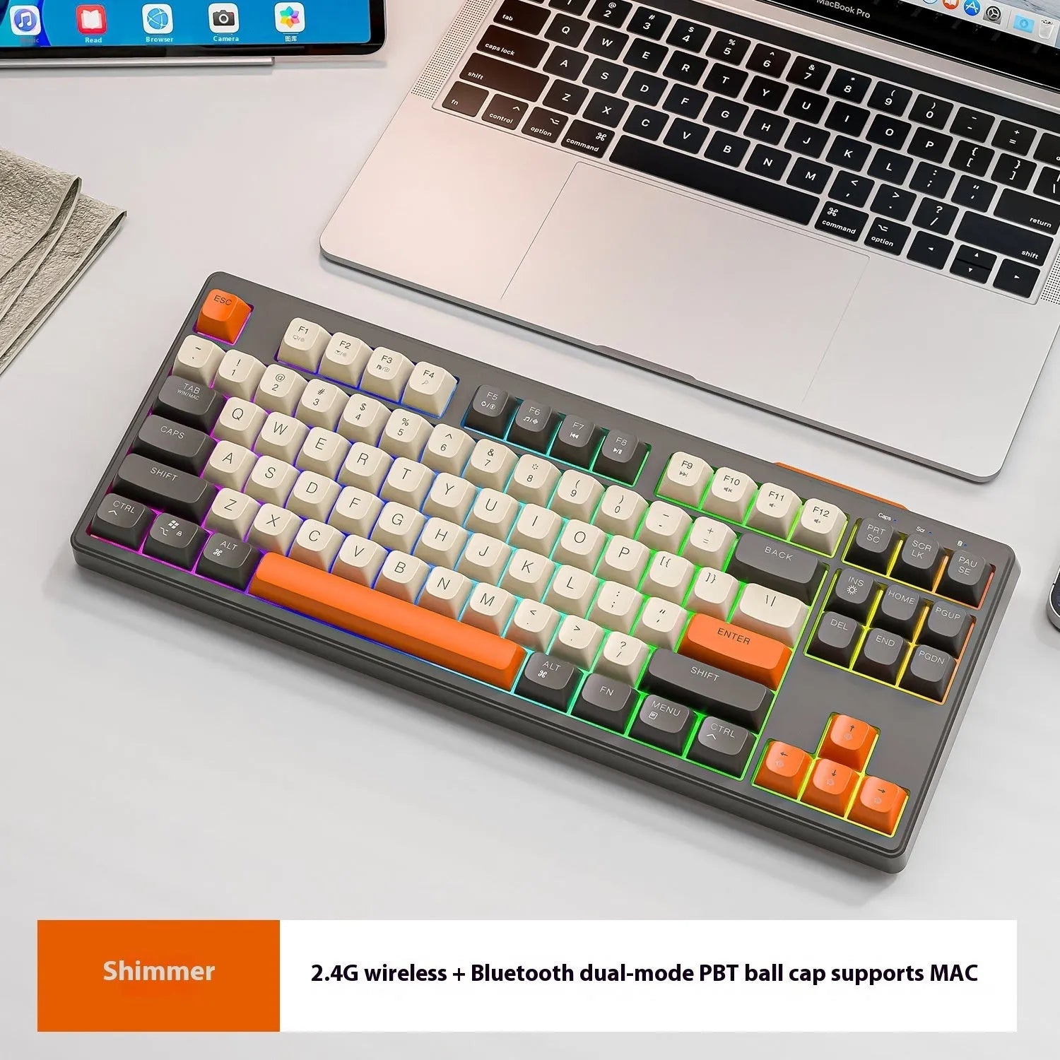Wireless Bluetooth dual-mode mechanical feel keyboard in blueberry, cheese, coffee, and shimmer colour options