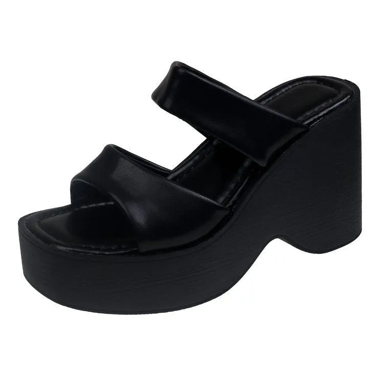 Metallic wedge platform slippers for women with square toe and PU leather upper