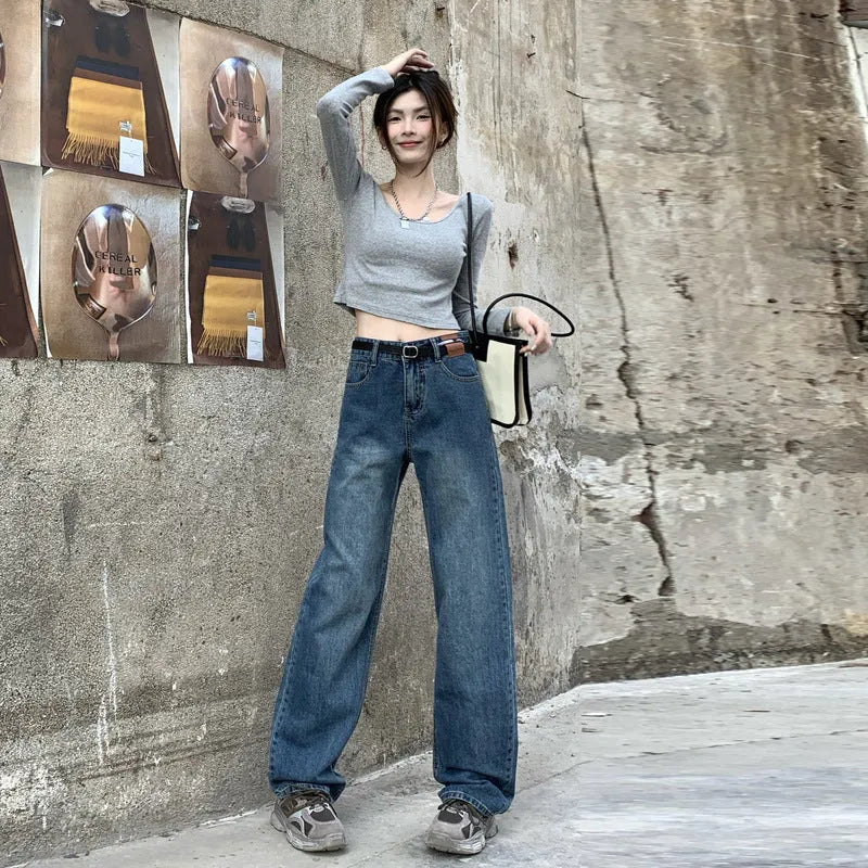 Women's high waist straight leg jeans in retro blue cotton denim showing front and back views