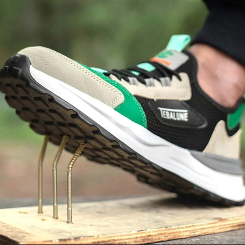 Black green safety shoes with plastic steel toe and mesh upper panel