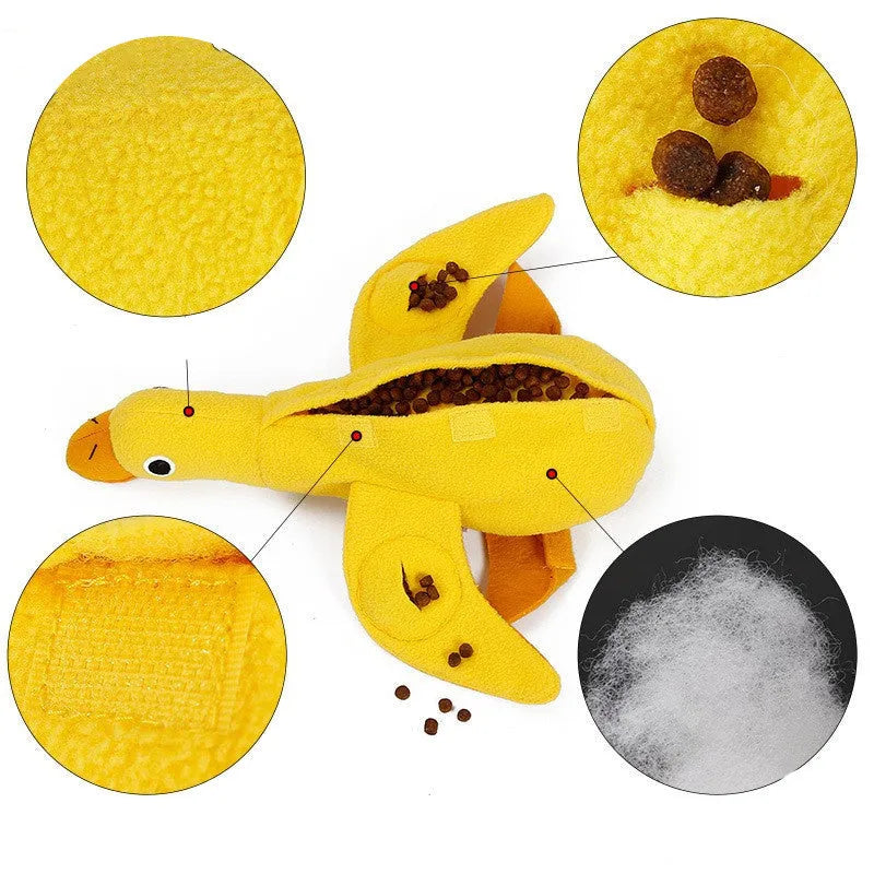 Yellow plush teddy dog toy with a duck squeaker and hidden treat pockets for training and chewing