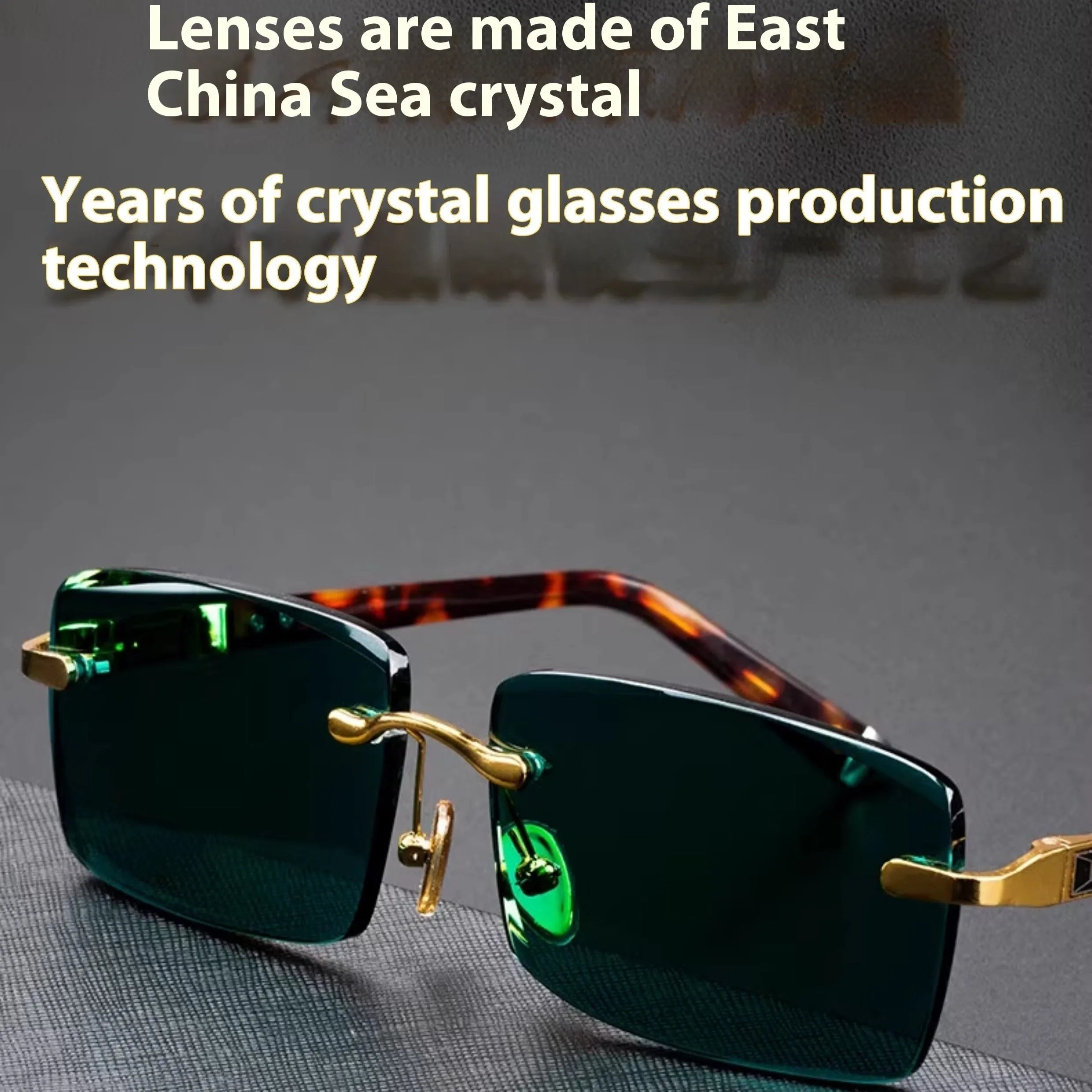 Dark green crystal frameless sunglasses with protective case and cleaning cloth