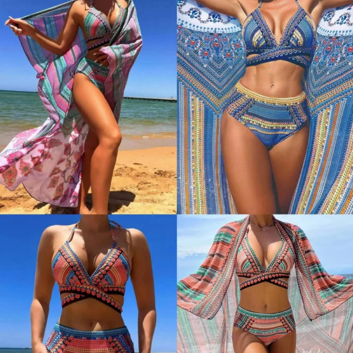 Blue women's bikini set with cross bandage top, high-waist briefs with side ties, and a matching smock.