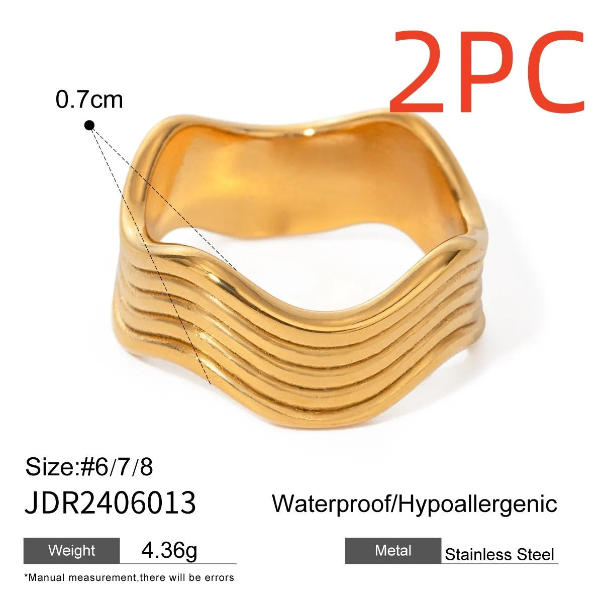 Stainless steel wide band ring with a geometric wave pattern, shown in silver and gold electroplated finishes.