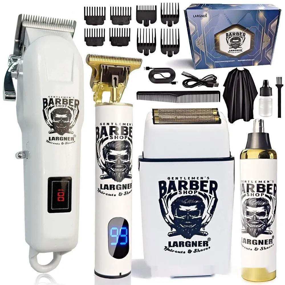 Rechargeable hair clipper set with stainless steel cutter head and USB charging port in 4 in 1 suit packaging