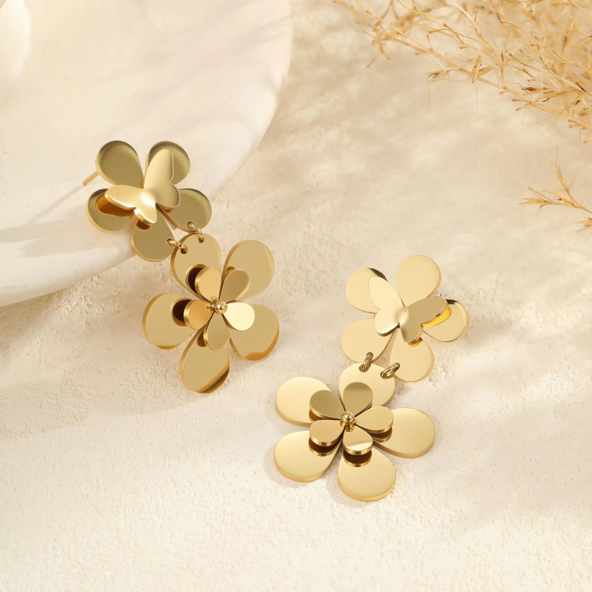 Gold floral butterfly design stainless steel earrings for women with 18K electroplating