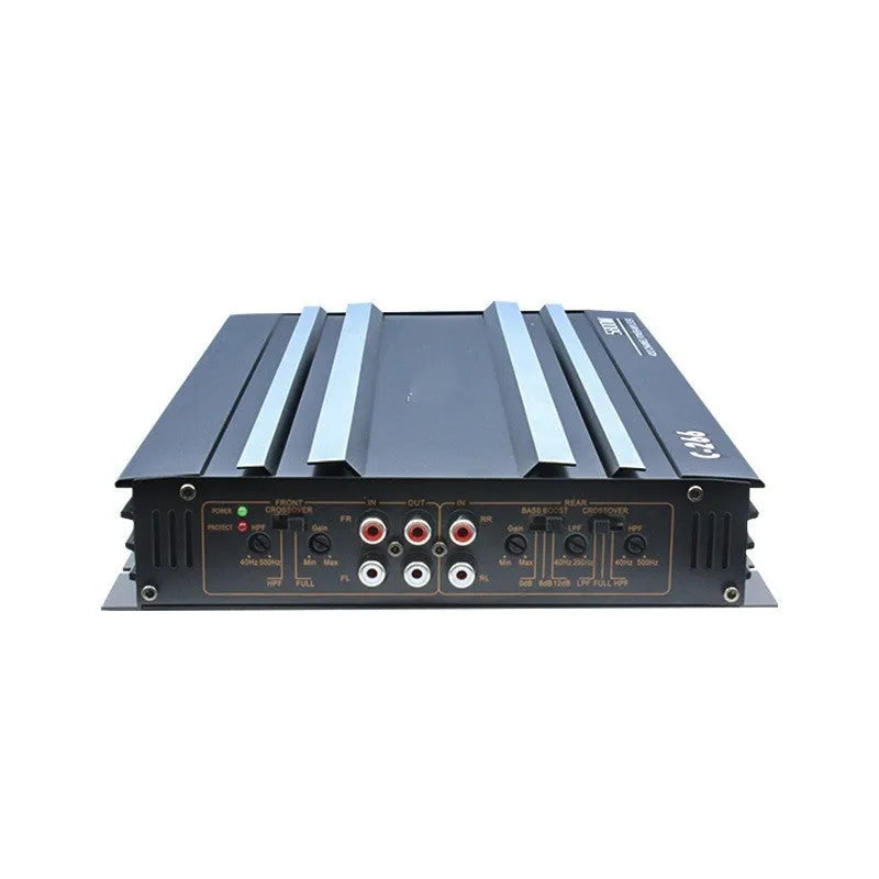 Four channel car amplifier in aluminum alloy with Silver Black C266 finish, 12V, 240W at 4Ω, 2-4ω impedance.