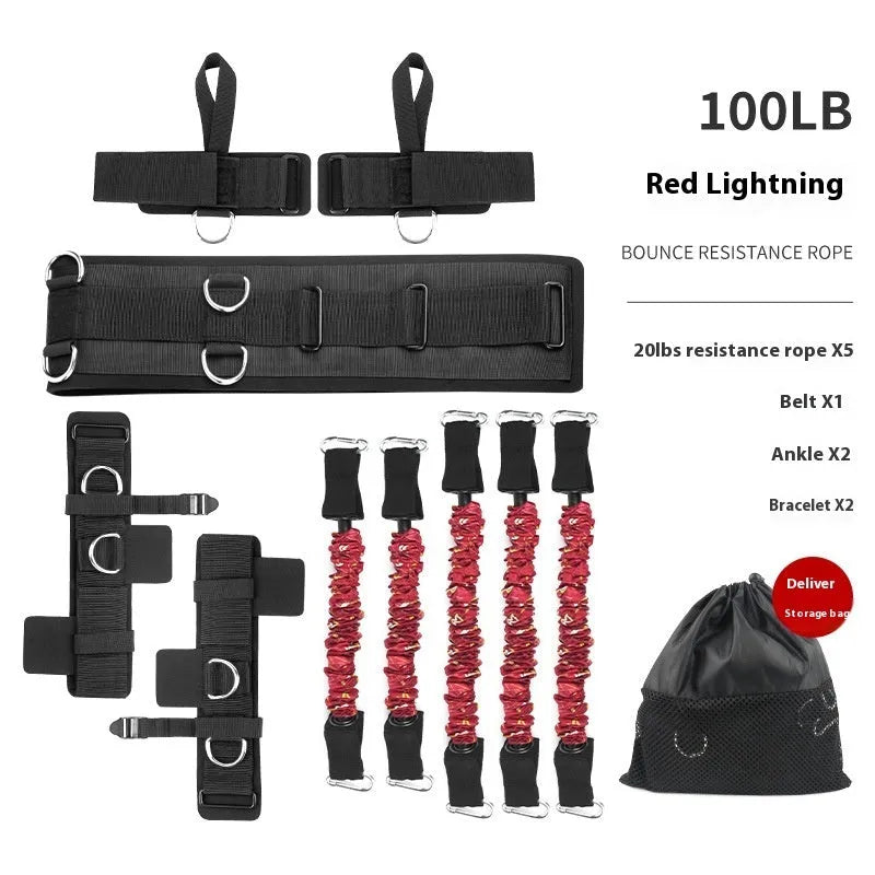 TPE chest expander elastic belt with red, blue, black and green sleeves indicating different resistance levels