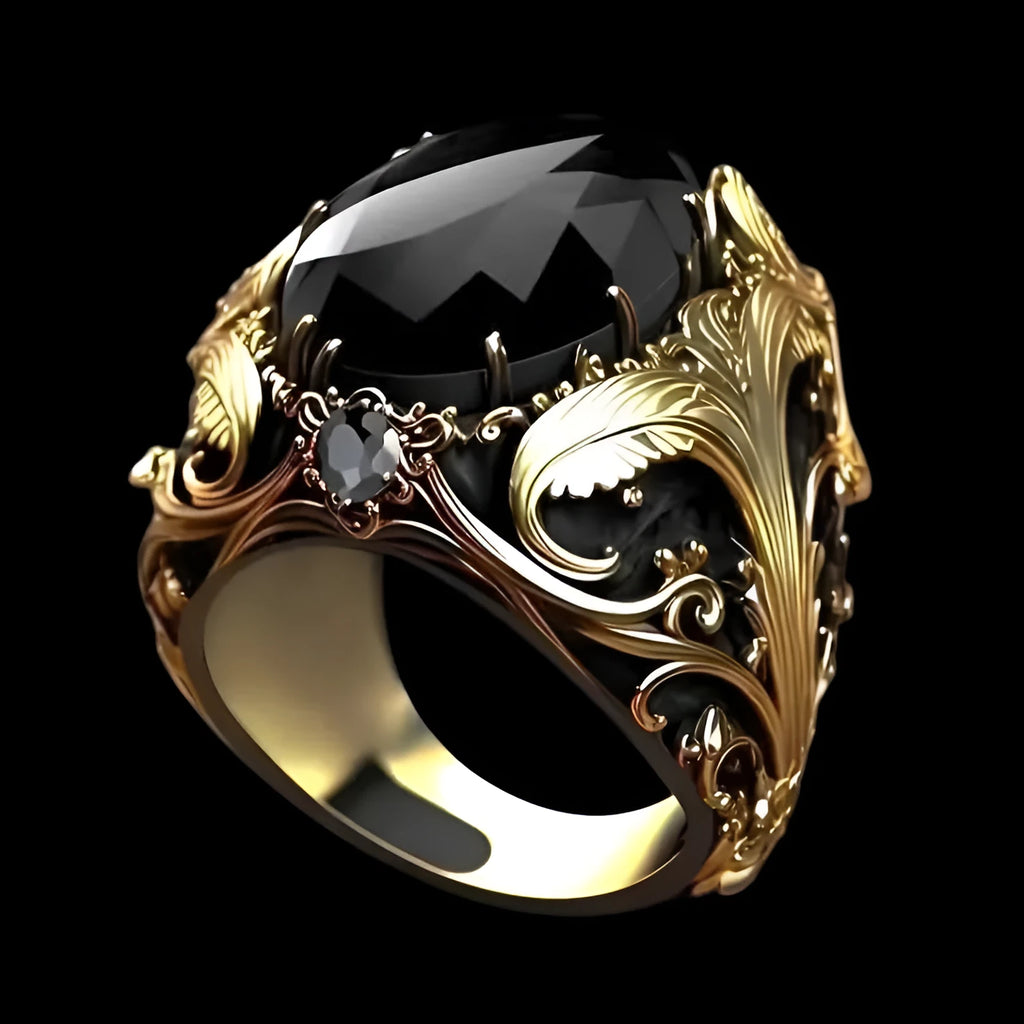 Men's silver geometric wide face ring with irregular pattern and imitation ink colour gem centrepiece