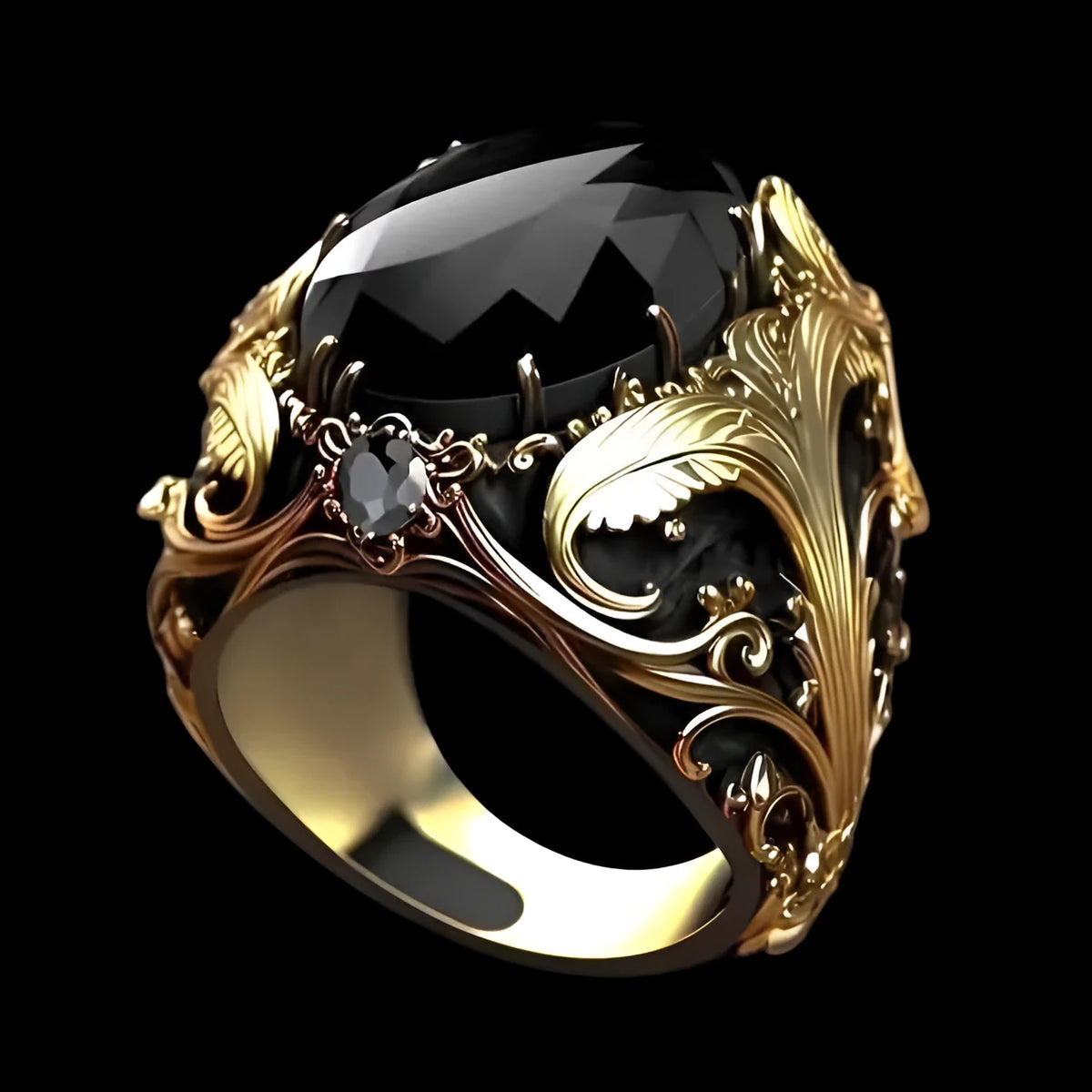 Men's silver geometric wide face ring with irregular pattern and imitation ink colour gem centrepiece