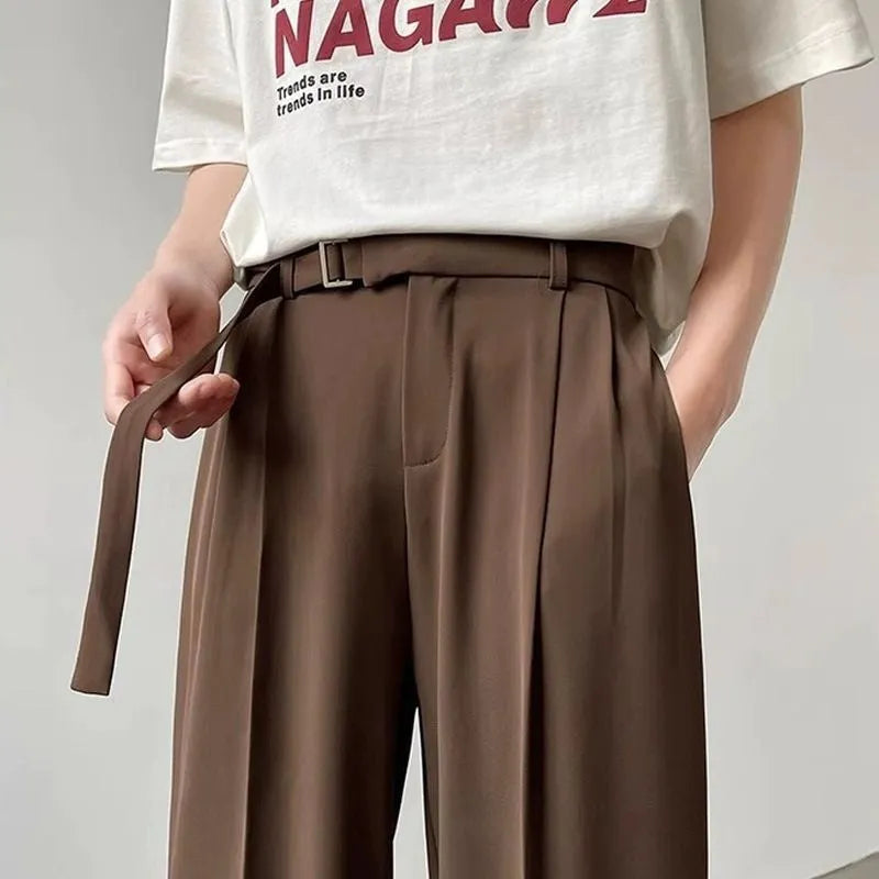 Thin straight leg black wide leg trousers with loose fit and non-ironing fabric