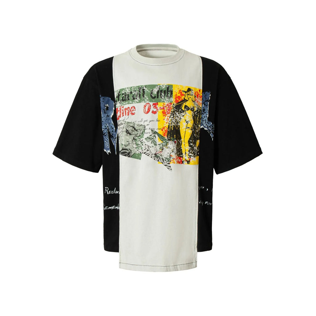 Black and white deconstruction print cotton blend loose T-shirt on a hanger.