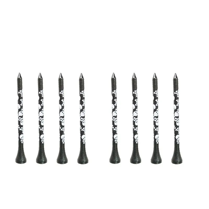 Ten bamboo golf spike dowel pins with black skull print, showing 70mm and 83mm length options.