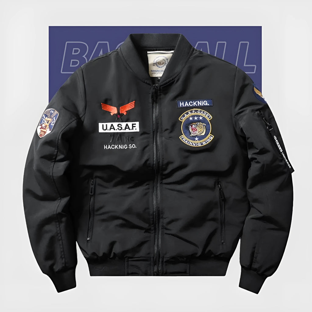 Men's slim-fit black retro stand collar cotton-padded Harley-style coat with patch pockets.