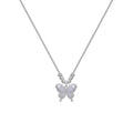 Close-up of a women's square line opal butterfly pendant on a silver adjustable cross chain necklace.