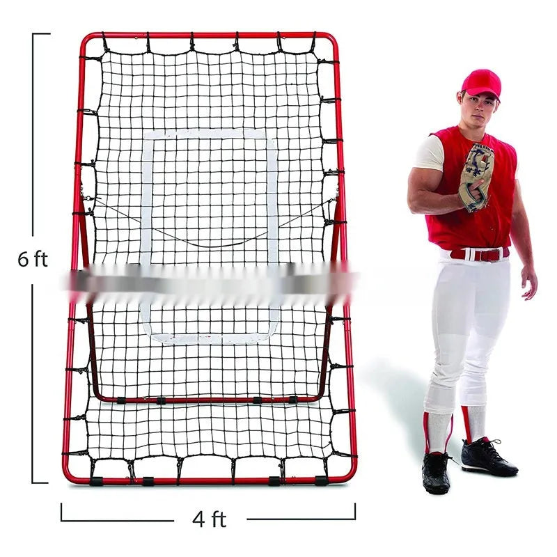 Red metal baseball training net 4x6ft set up for outdoor sports practice
