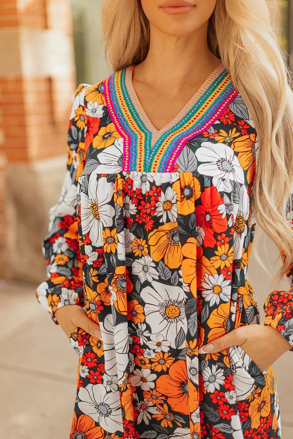 Orange floral striped V-neck mini dress with long lace sleeves